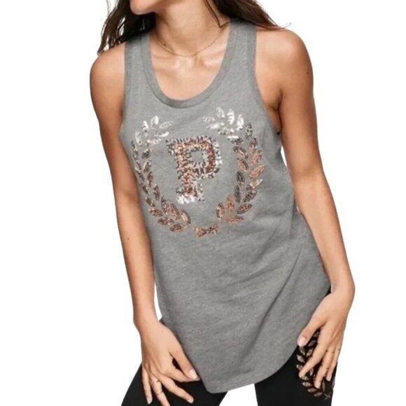 PINK Victoria's Secret Gray Rose Gold Sequin Logo Racerback Tank Top - Picture 1 of 7
